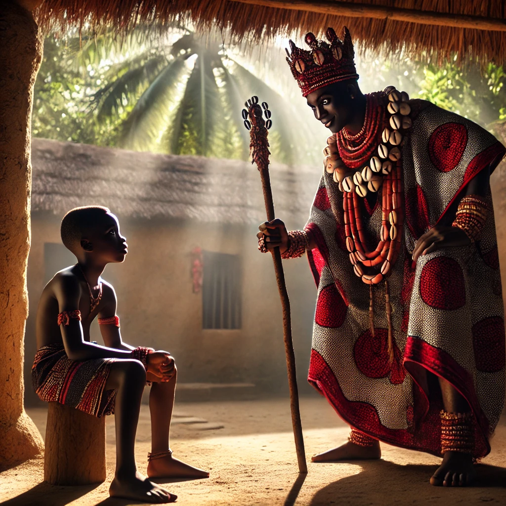 DALL·E 2025-01-20 00.54.55 - Elegba, a youthful figure with a mischievous yet knowing expression, stands before Olofin’s son in a shaded courtyard of a Yoruba compound. Elegba wea