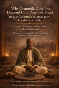Title card for the Ifá story “Why Òrúnmìlà Does Not Descend Upon Anyone’s Head,” showing a calm Yoruba sacred setting centered on Òrúnmìlà, divination elements, and the contrast between sacred order and human disorder.