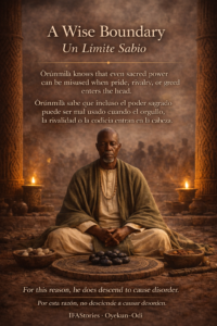 Portrait of Òrúnmìlà seated in a Yoruba Ifá ritual setting with an Òpón Ifá and black ikin, representing witness, restraint, and sacred order.
