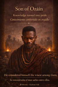 Portrait of the Son of Ozáìn in earth-toned Yoruba garments, representing sacred knowledge turned into pride, rivalry, and imbalance.