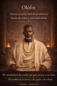 Portrait of Olófin in white ceremonial Yoruba robes in a sacred chamber, representing divine authority, order, and governing power.