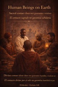 Group of Yoruba men and women seated in a sacred communal setting, showing tension and division despite sacred influence.