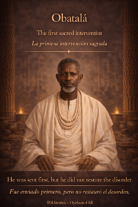 Portrait of Obatalá in white Yoruba ceremonial clothing, representing purity, dignity, and the first sacred intervention that did not restore the disorder.