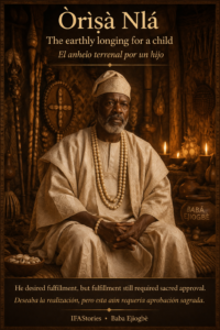 Cinematic Yoruba character card of Òrìṣà Nlá in white traditional clothing with bilingual text identifying him as the earthly longing for a child.