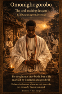 Cinematic Yoruba character card of Omonighogorobo in white traditional clothing with bilingual text describing him as the soul awaiting descent.