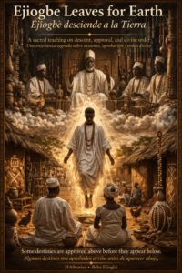 Cinematic IFAStories teaching card for Ejiogbe Leaves for Earth showing a young Yoruba soul in white garments above a traditional village, with bilingual text about sacred descent and divine order.