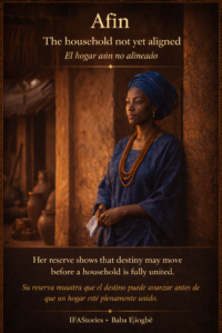Cinematic Yoruba character card of Afin in deep blue traditional clothing and headwrap with bilingual text describing her as the household not yet aligned.