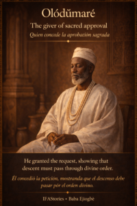 Cinematic Yoruba character card of Olódùmarè in white traditional attire with bilingual text identifying him as the giver of sacred approval.