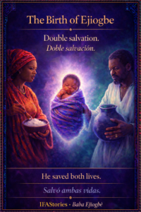 Ejiogbe character card from IFAStories, showing the sacred newborn of Double Salvation in The Birth of Ejiogbe.
