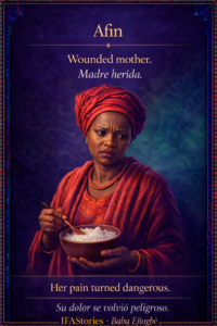 Afin character card from IFAStories, showing Afin as the wounded mother in The Birth of Ejiogbe.