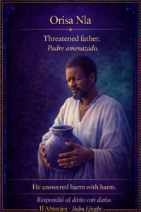 Orisa Nla character card from IFAStories, showing Orisa Nla as the threatened father in The Birth of Ejiogbe.
