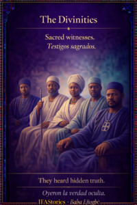 The Divinities character card from IFAStories, showing the sacred witnesses in The Birth of Ejiogbe.
