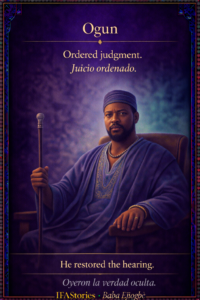 Ogun character card from IFAStories, showing Ogun as a figure of ordered judgment in The Birth of Ejiogbe.