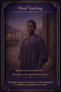Vertical sacred editorial card showing young Ejiogbe standing calmly in a Yoruba public-sacred setting after his works have revealed deeper order.
