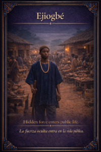 Vertical sacred editorial card showing young Ejìogbè standing within the living market world of Oja-Ajigbomokon as hidden force enters public life.