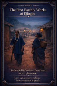 Vertical sacred editorial card showing young Ejiogbe and his mother walking toward Oja-Ajigbomokon at dusk in an ancient Yoruba setting.