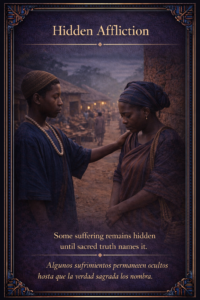 Vertical sacred editorial card showing young Ejiogbe stopping a burdened Yoruba woman near the market edge as hidden suffering is revealed.