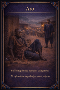 Vertical sacred editorial card showing Aro, a crippled Yoruba man seated near the market path while young Ejiogbe approaches him.