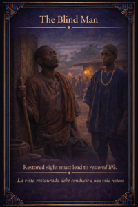 Vertical sacred editorial card showing a blind Yoruba man beside a clay wall while young Ejiogbe stands nearby before healing.