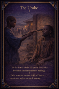 Vertical sacred editorial card showing young Ejiogbe using the Uroke as a healing instrument in a grounded Yoruba setting.