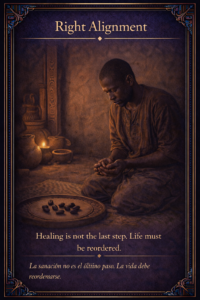 Vertical sacred editorial card showing a healed Yoruba man kneeling in reverence before a Yoruba Ifá divination setting with an Òpón Ifá and black ikin.