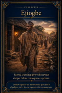 Sacred character card of Ejiogbe, shown as a young Yoruba warning-giver walking the road before danger becomes visible.