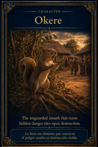 Sacred character card of Okere the squirrel, representing the unguarded mouth that turns hidden danger into open destruction.