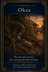 Sacred character card of Okaa the boa, shown hidden in brush and representing the one who received the warning but obeyed too late.