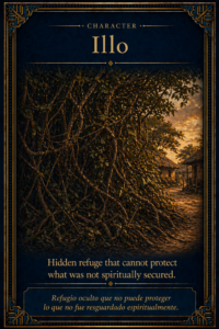 Sacred character card of Illo, the thick bush, representing hidden refuge that cannot protect what was not spiritually secured.