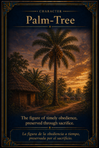 Sacred character card of the palm-tree, standing tall in a Yoruba village landscape and representing timely obedience preserved through sacrifice.