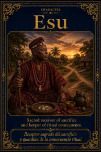 Sacred character card of Esu, shown as a dignified Yoruba elder associated with ritual order, sacrifice, and sacred consequence.