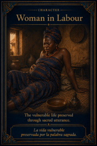 Sacred character card of a Yoruba woman in labour, representing vulnerable life preserved through sacred utterance.