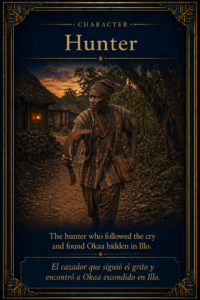Sacred character card of the hunter carrying a traditional boomerang-like hunting weapon, representing the one who followed the cry and found Okaa hidden in Illo.
