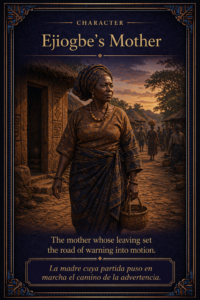 Sacred character card of Ejiogbe’s mother walking a village road, representing the mother whose leaving set the road of warning into motion.