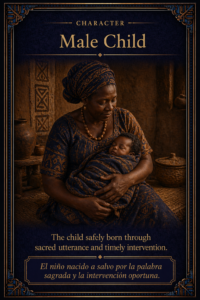 Sacred character card of a newborn Yoruba male child safely held after birth, representing life preserved through sacred utterance and timely intervention.