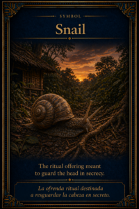 Sacred symbol card of a snail in Yoruba Ifá tradition, representing the ritual offering meant to guard the head in secrecy.