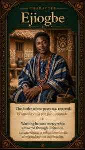 How Peace Returned to Ejiogbe, showing Ejiogbe seated peacefully after divination, snail offering, and ritual preparation restored his peace of mind.