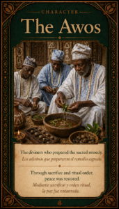 Character card of the Awos who prepared the sacred remedy for Ejiogbe with snail liquid and Ero leaves.