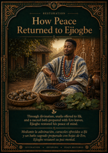 How Peace Returned to Ejiogbe, showing Ejiogbe seated peacefully after divination, snail offering, and ritual preparation restored his peace of mind.
