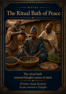 The Ritual Bath of Peace, showing Awos preparing a sacred bath for Ejiogbe with snail liquid and Ero leaves in a traditional Yoruba courtyard.
