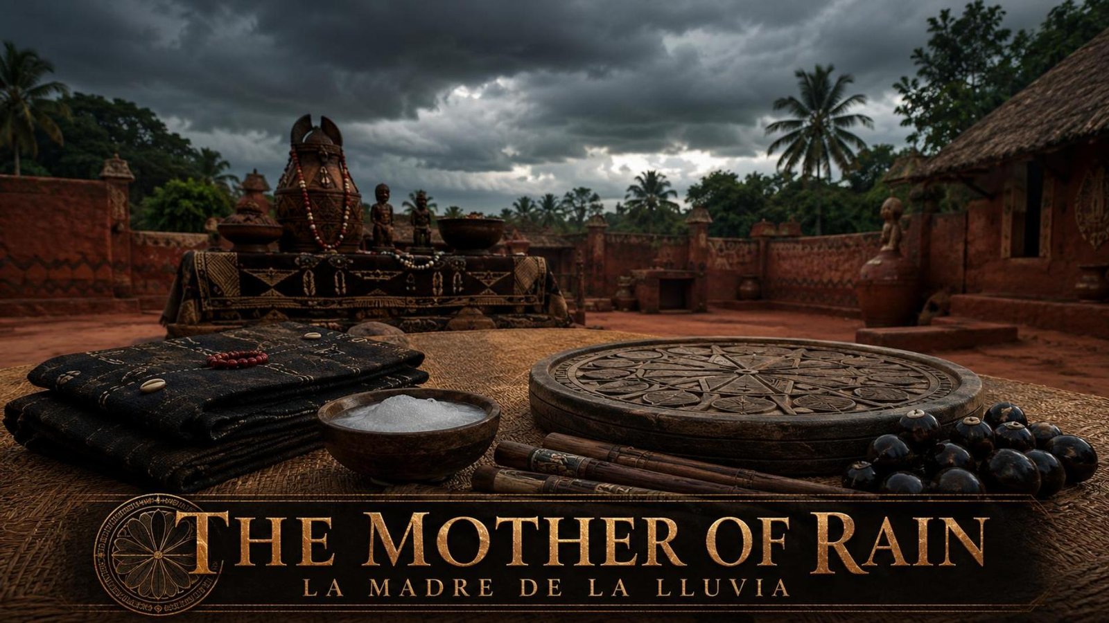 Thumbnail for The Mother of Rain showing a dark storm sky over a traditional Yoruba sacred courtyard, symbolizing hidden destiny, Rain, and the darkness before manifestation.