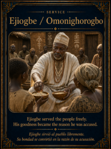 Ejiogbe character card showing a Yoruba man serving the people freely, representing sacred service and accusation.