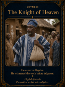 The Knight of Heaven character card showing a blue-and-white robed messenger carrying a cloth bag, representing witness before judgment.