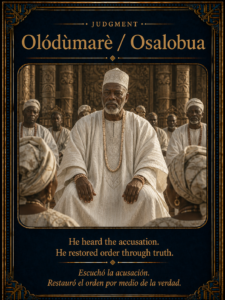 Olódùmarè Osalobua character card showing a supreme elder authority seated in white robes before a sacred court.