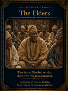 The Elders character card showing Yoruba elders seated in council, representing accusation and envy toward Ejiogbe’s service.