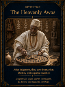 The Heavenly Awos character card showing an elder diviner working with an Òpón Ifá and black ikin.