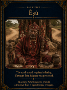 Èṣù character card showing a grounded Yoruba figure in red and earth-toned garments near a crossroads setting.