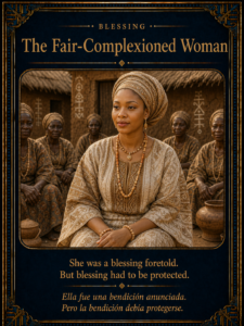 The Fair-Complexioned Woman character card showing a dignified Yoruba or Bini woman in traditional clothing, representing foretold blessing.