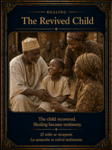 The Revived Child character card showing a joyful child sitting upright with family after healing.
