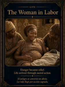 The Woman in Labor character card showing a relieved mother supported by women after safe childbirth.